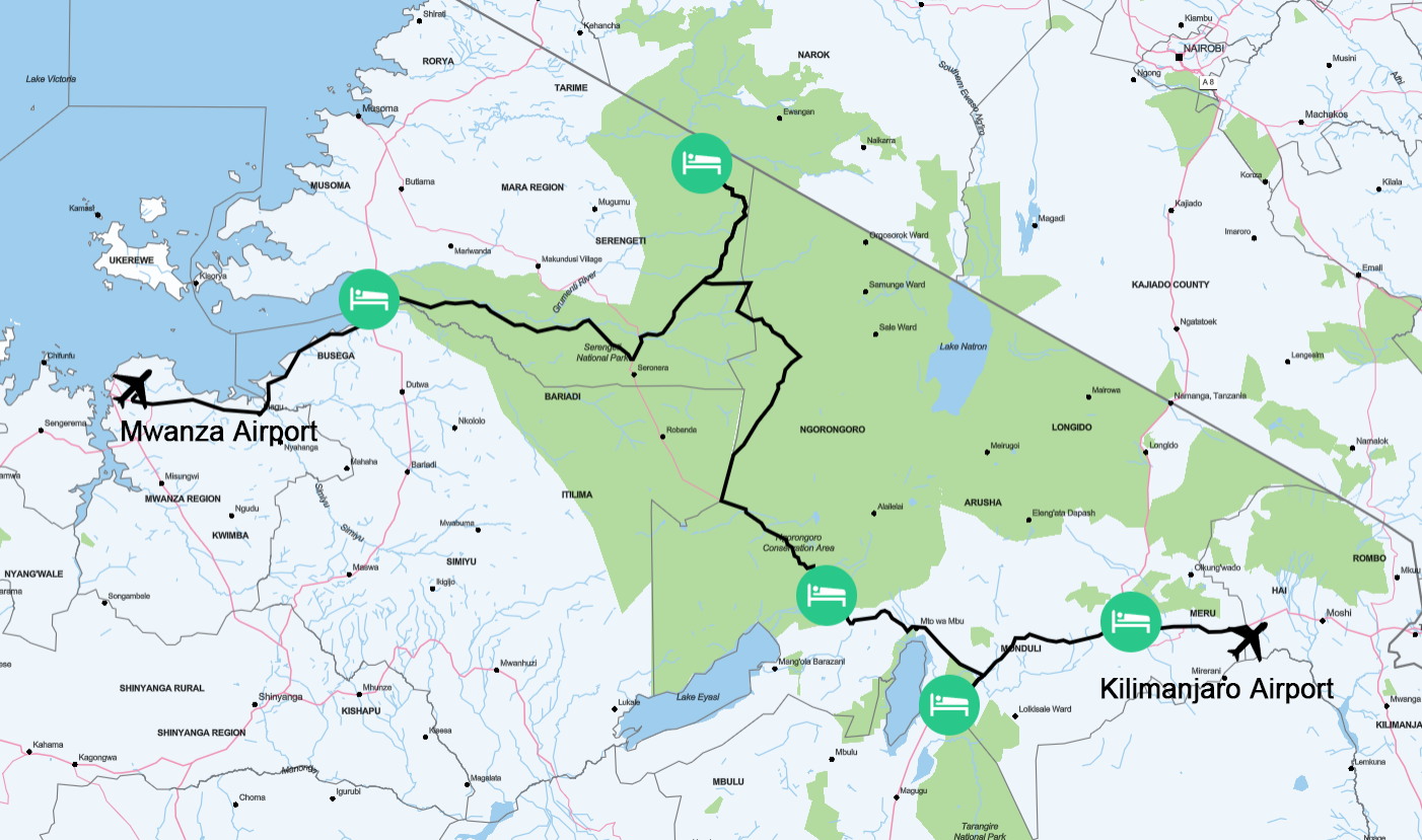 Tour map - ​​Family safari tour Serengeti Migration